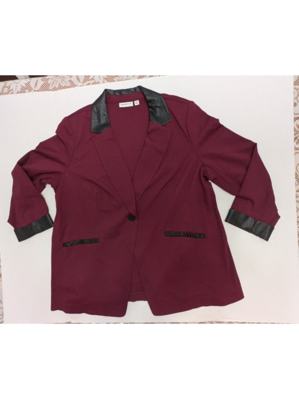 Susan Graver Womens Maroon Burgundy Faux Leather Trim Blazer Jacket Size 22W